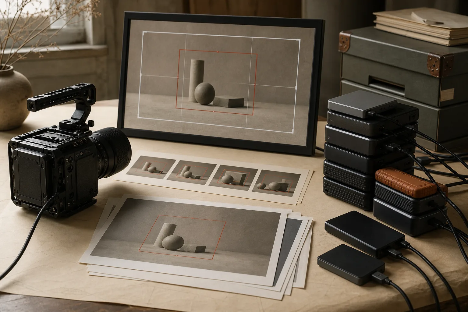 A cinema camera and crop demonstration balanced against a large stack of storage drives