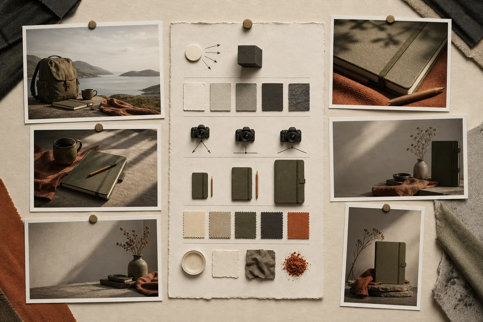 A central series guide for light, palette, camera height, scale, and finish surrounded by varied but coherent photographs