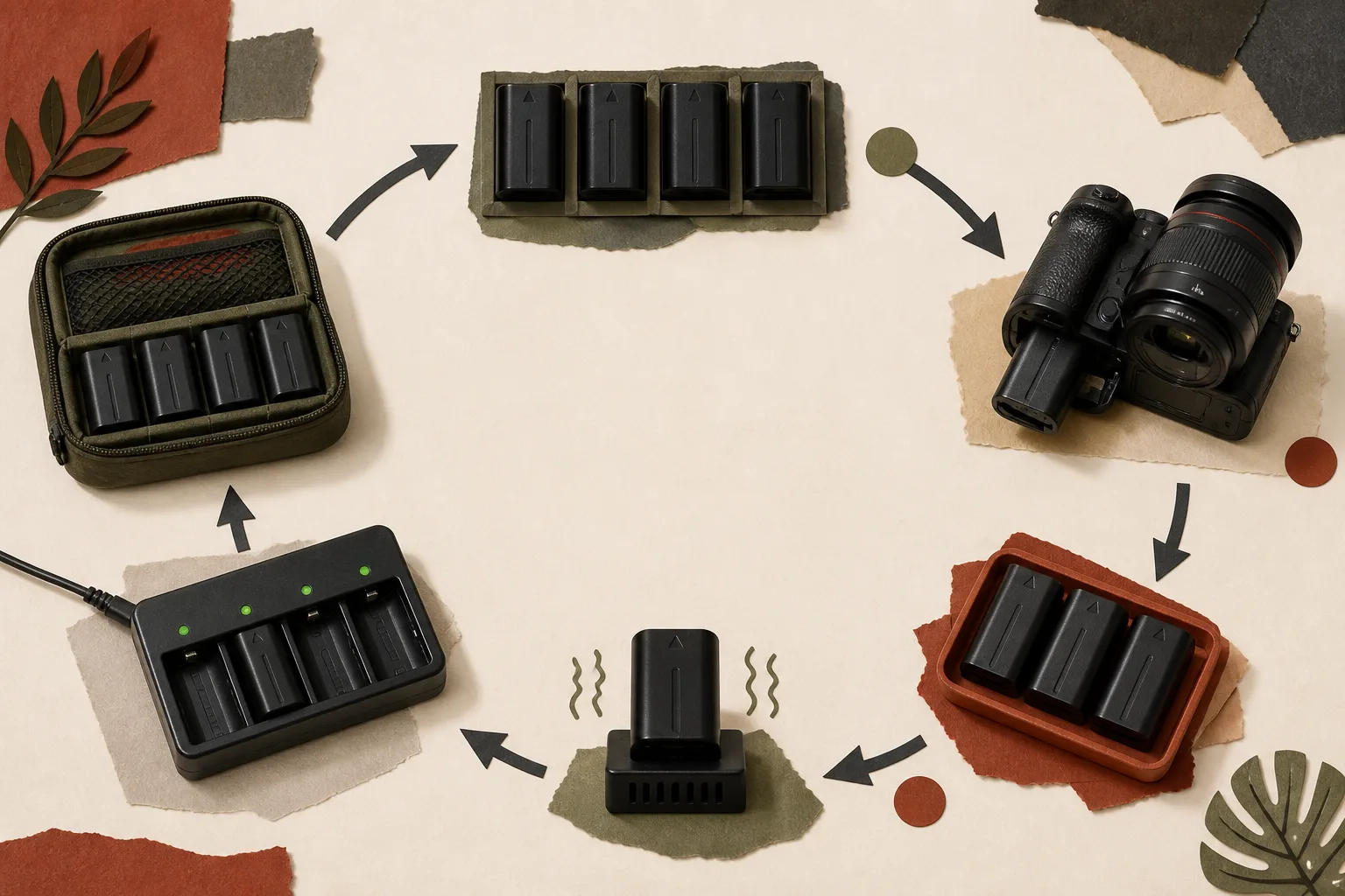 A circular workflow showing ready batteries, camera use, a used-battery tray, cooling, charging, and return to the kit