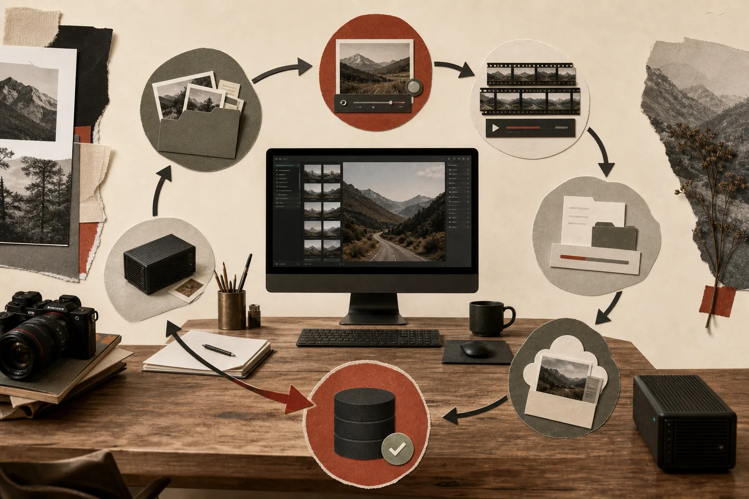 A workstation connected to ingest, photo editing, video playback, export, submission preparation, storage, and backup stages