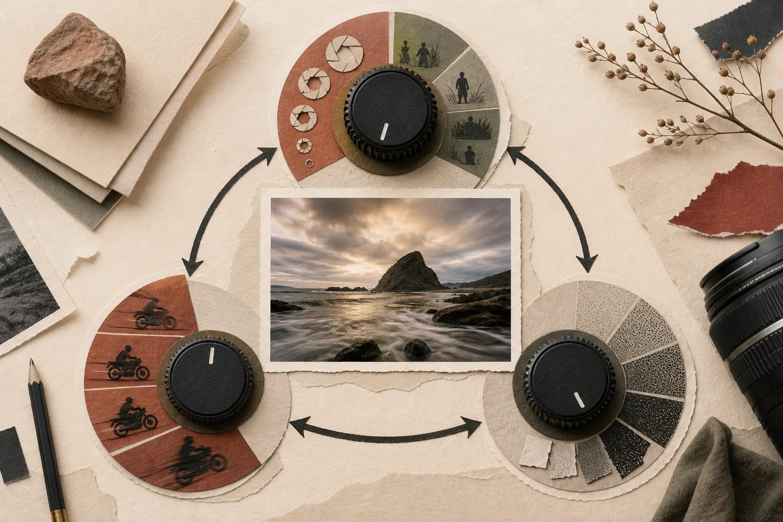 A finished photograph connected to three controls representing aperture, motion rendering, and noise