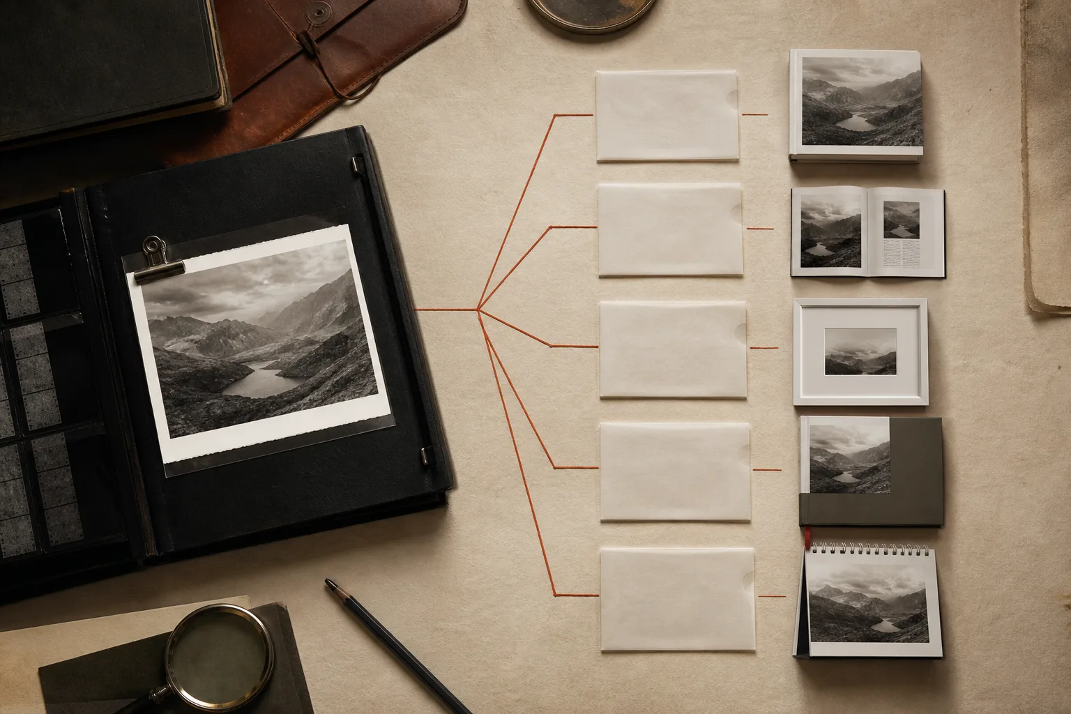 A creator’s original photograph remaining in an archive while permissions branch toward several uses