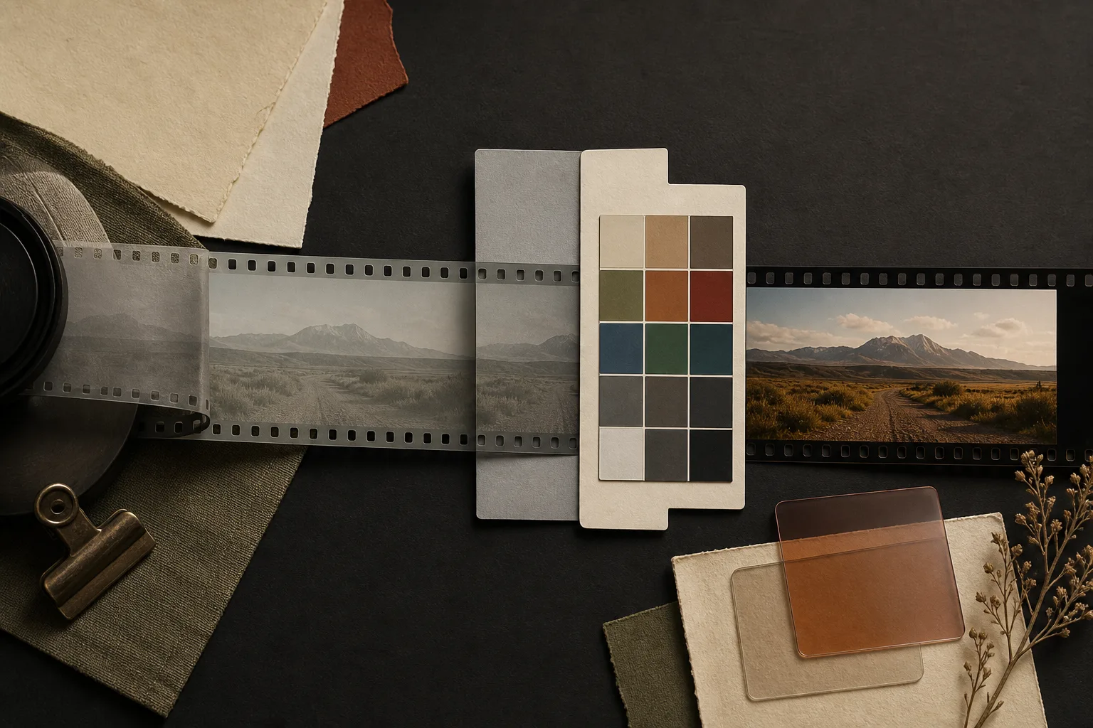 A flat low-contrast film strip passing through color references and emerging as a balanced finished landscape