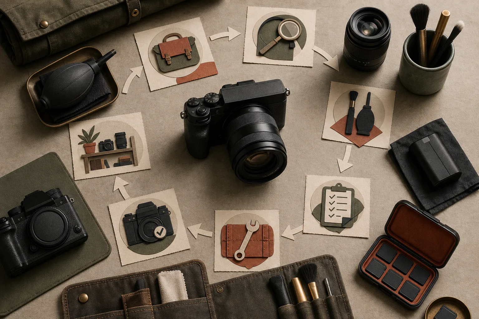 A camera workbench arranged as a cycle of inspection, cleaning, recording, repair, testing, and readiness