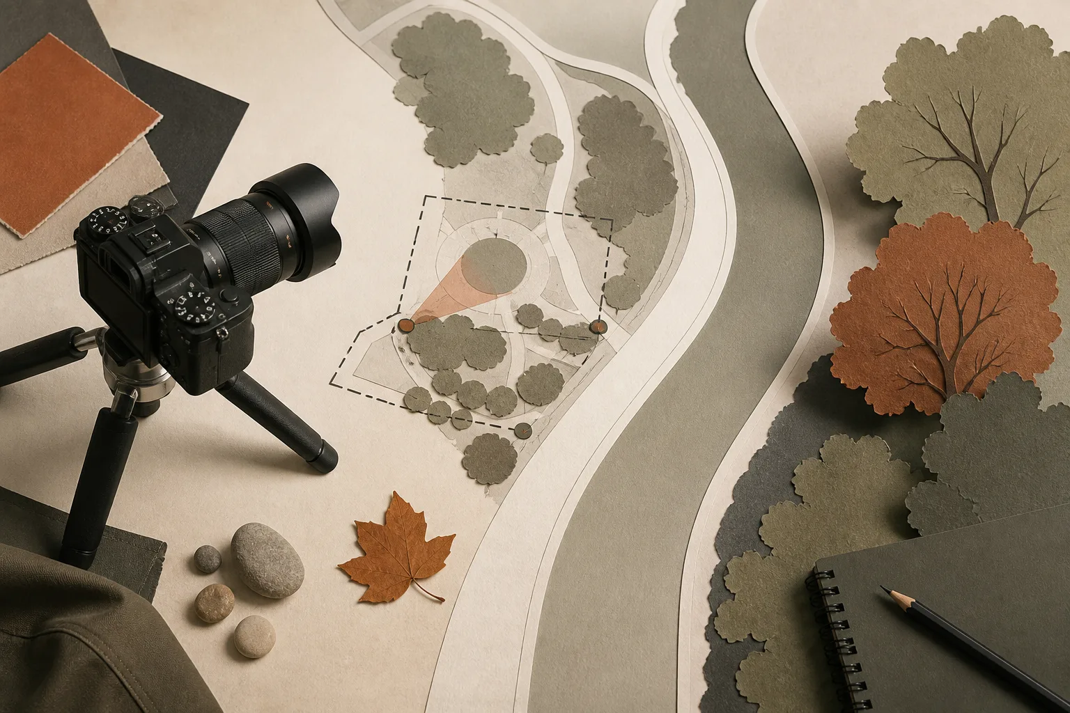 A compact camera setup placed beside an unobstructed path through a public park