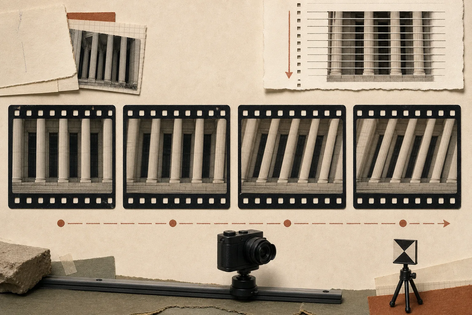 Architectural columns leaning farther across sequential frames as a camera pans faster