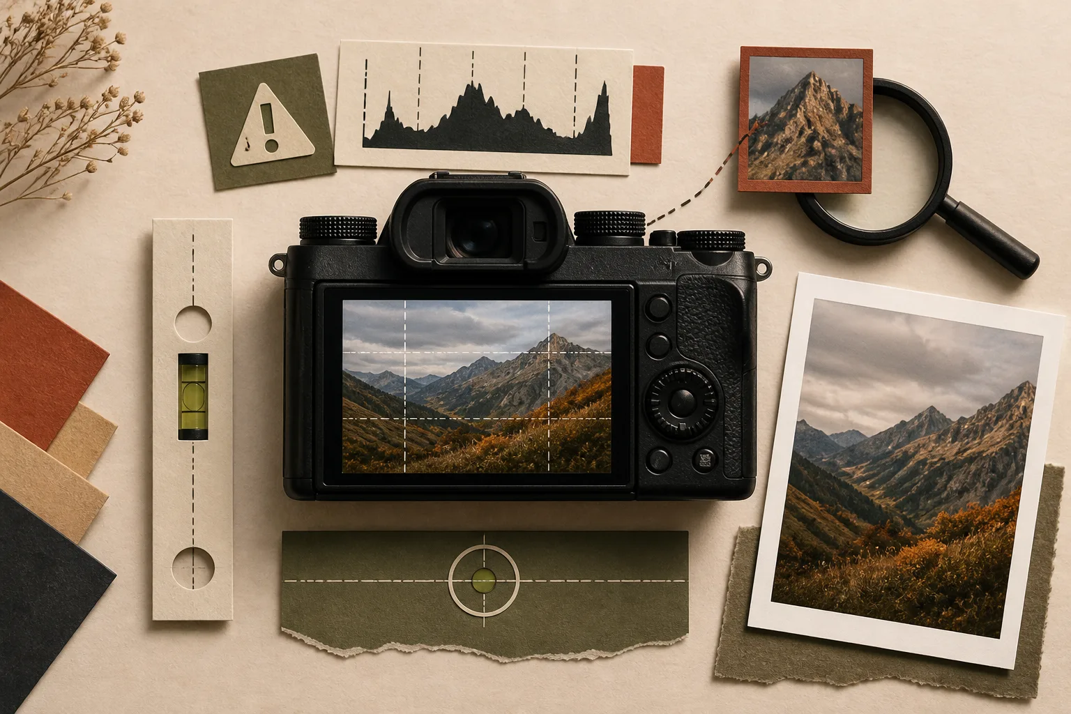 A camera screen surrounded by a histogram, warning marker, magnifier, level, and framing guides