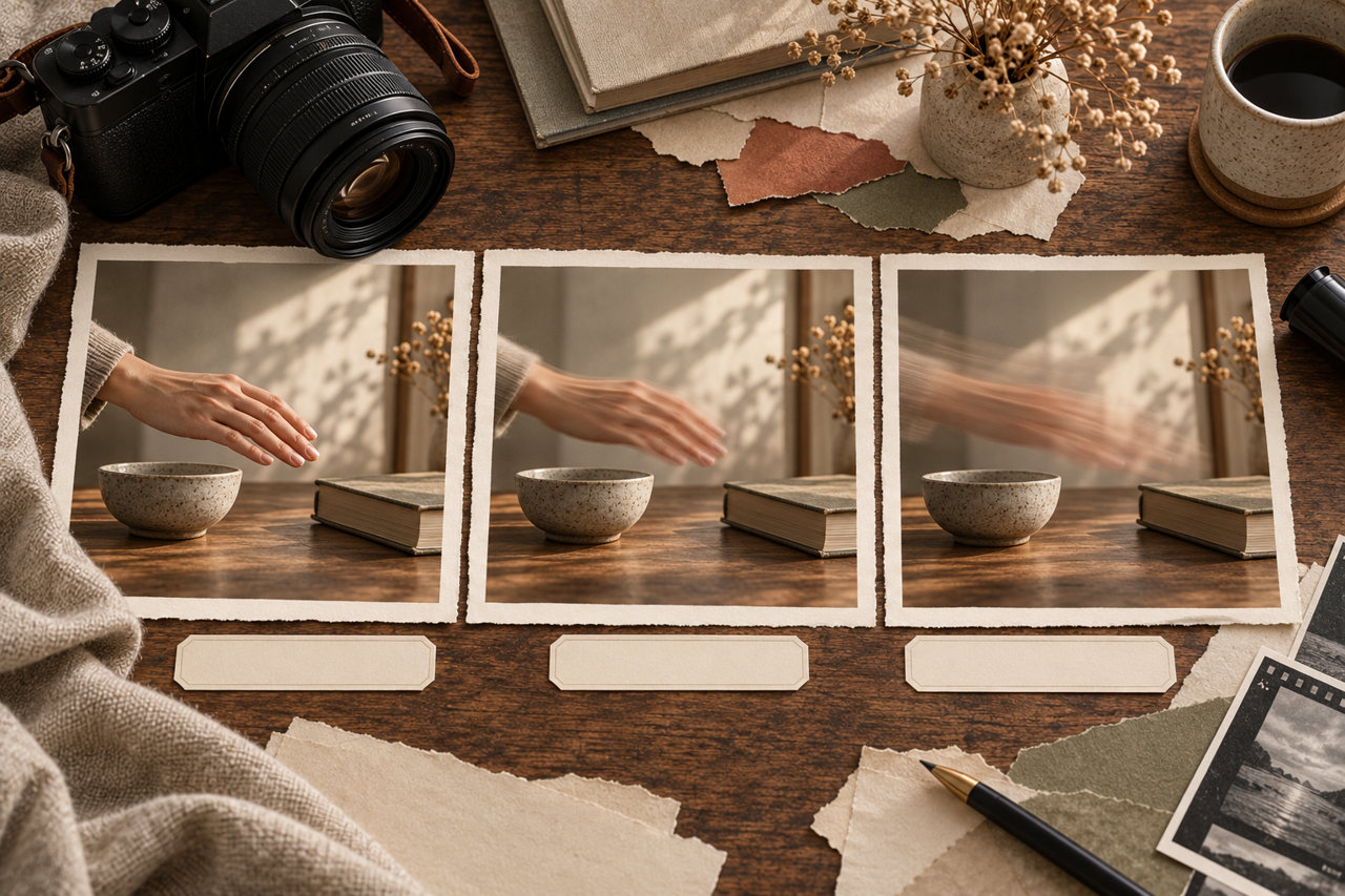 Beside stationary tableware and a book, a moving hand appears sharp, slightly blurred, and with a long motion trail