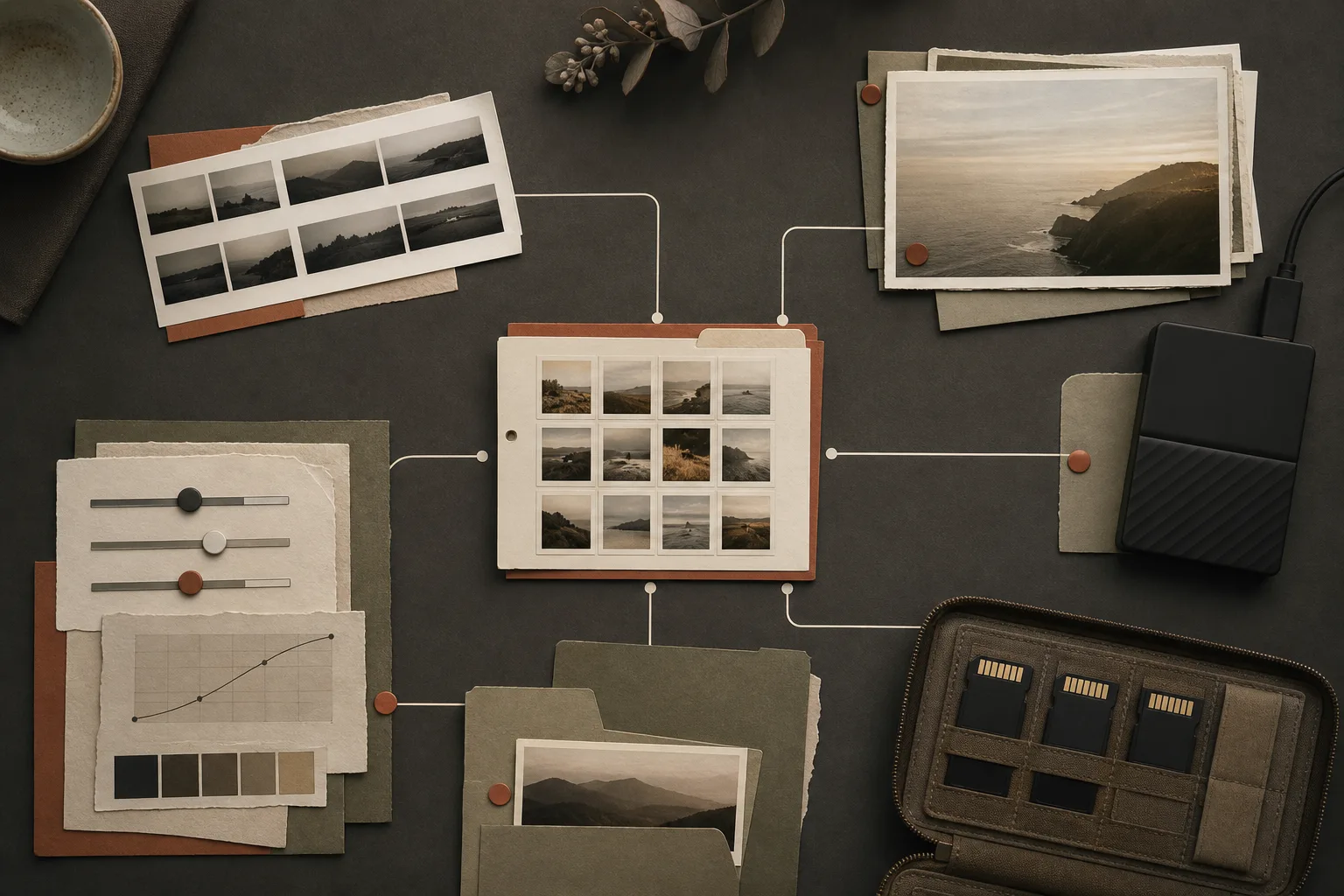 An illustration showing the relationship between catalog references and editing information, and the separate photos and storage media.