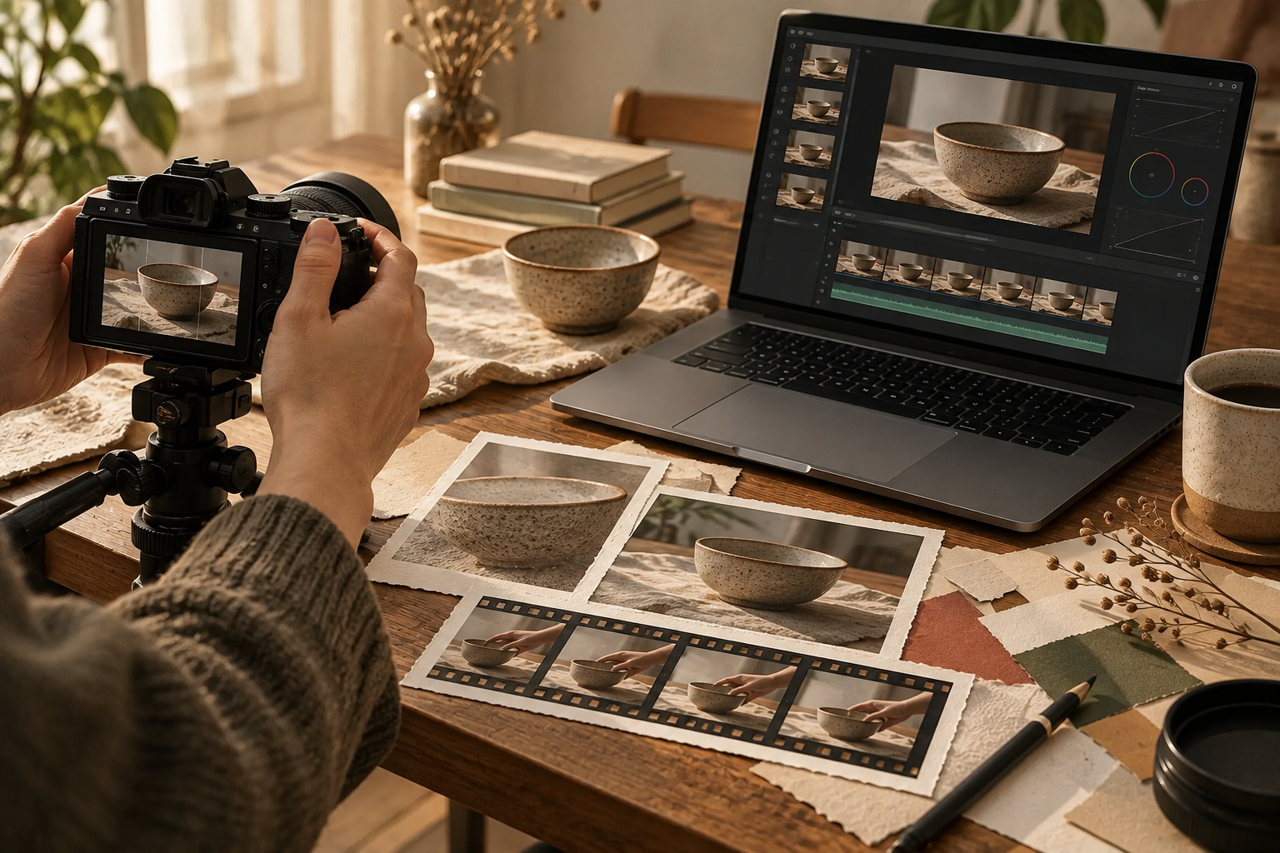 Filming tableware on a wooden desk and editing footage of the same subject on a computer