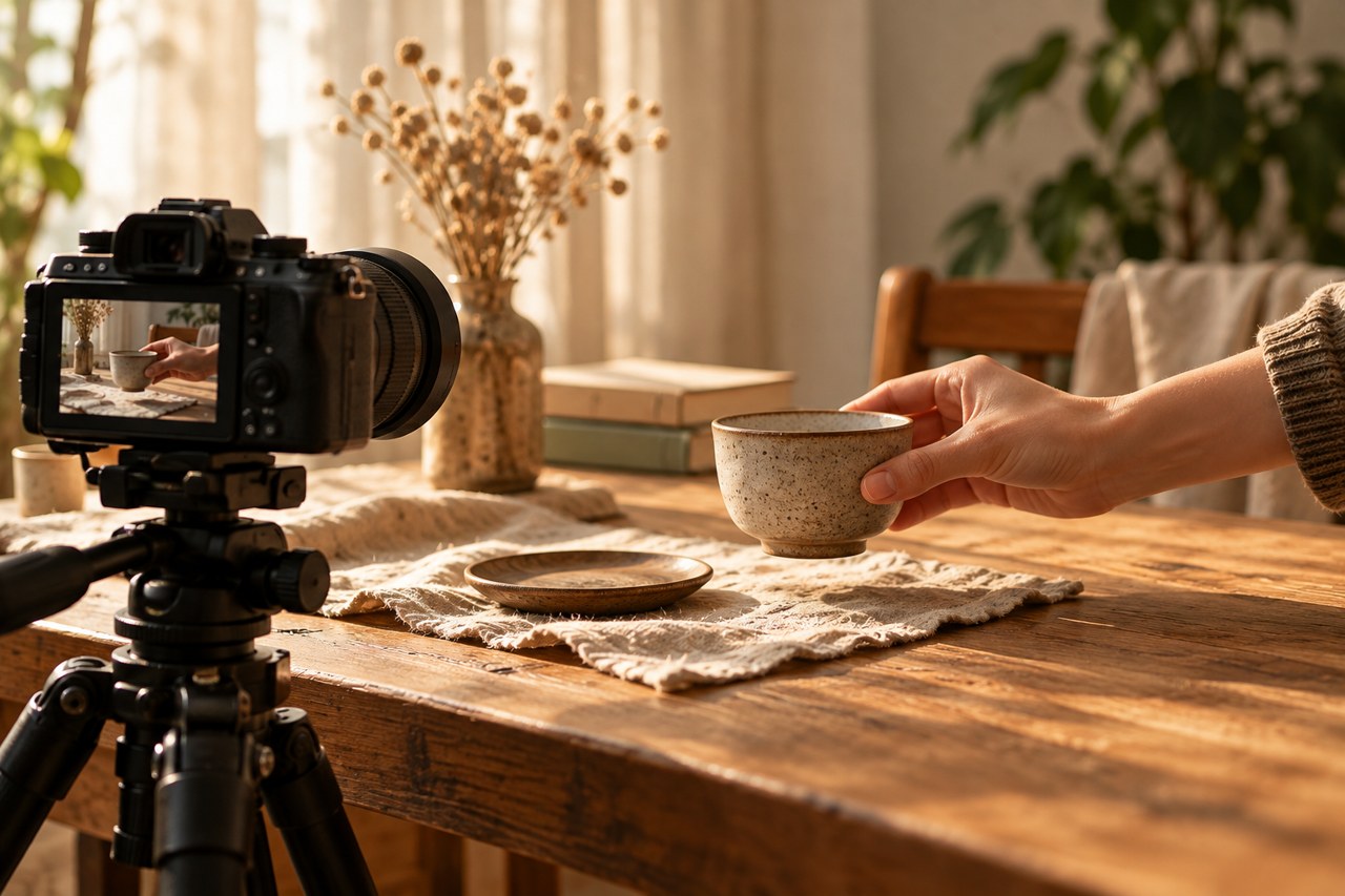 A camera mounted on a tripod records a hand lifting a ceramic cup