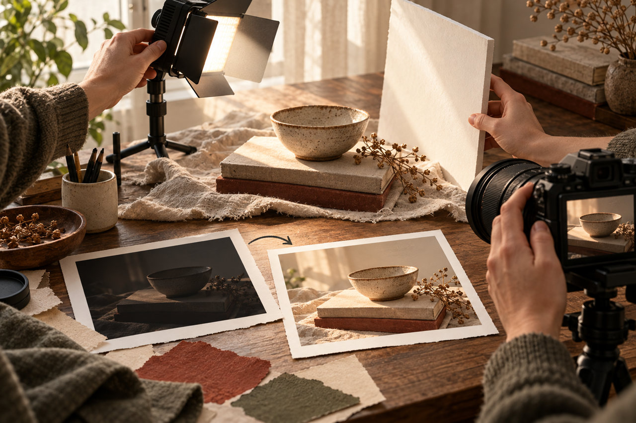 Adjusting the direction of an LED and a white reflector to add light to tableware and a book