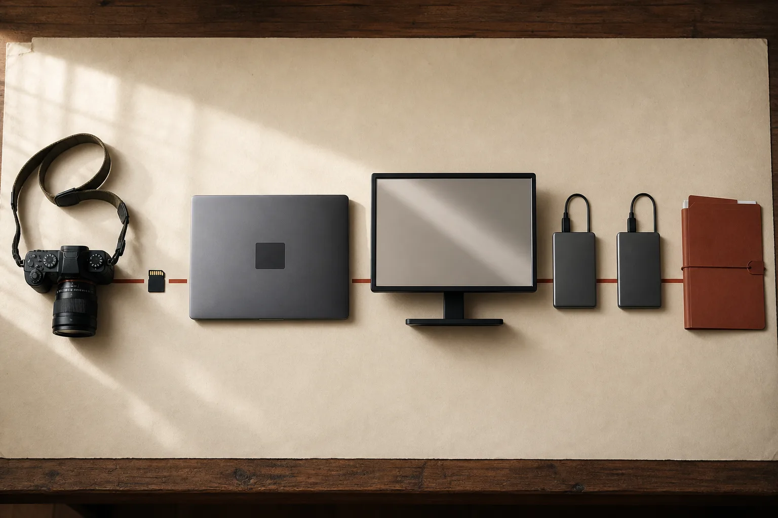 An illustration of a complete setup connecting shooting, importing, finishing, storage, and submission. The equipment shown is not a list of recommended purchases.