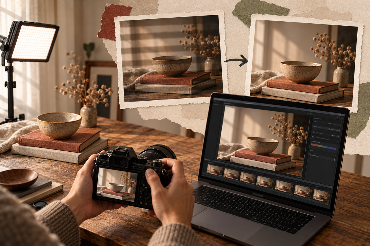 Playing back footage under lighting and comparing a picture with horizontal light and dark bands against one without bands
